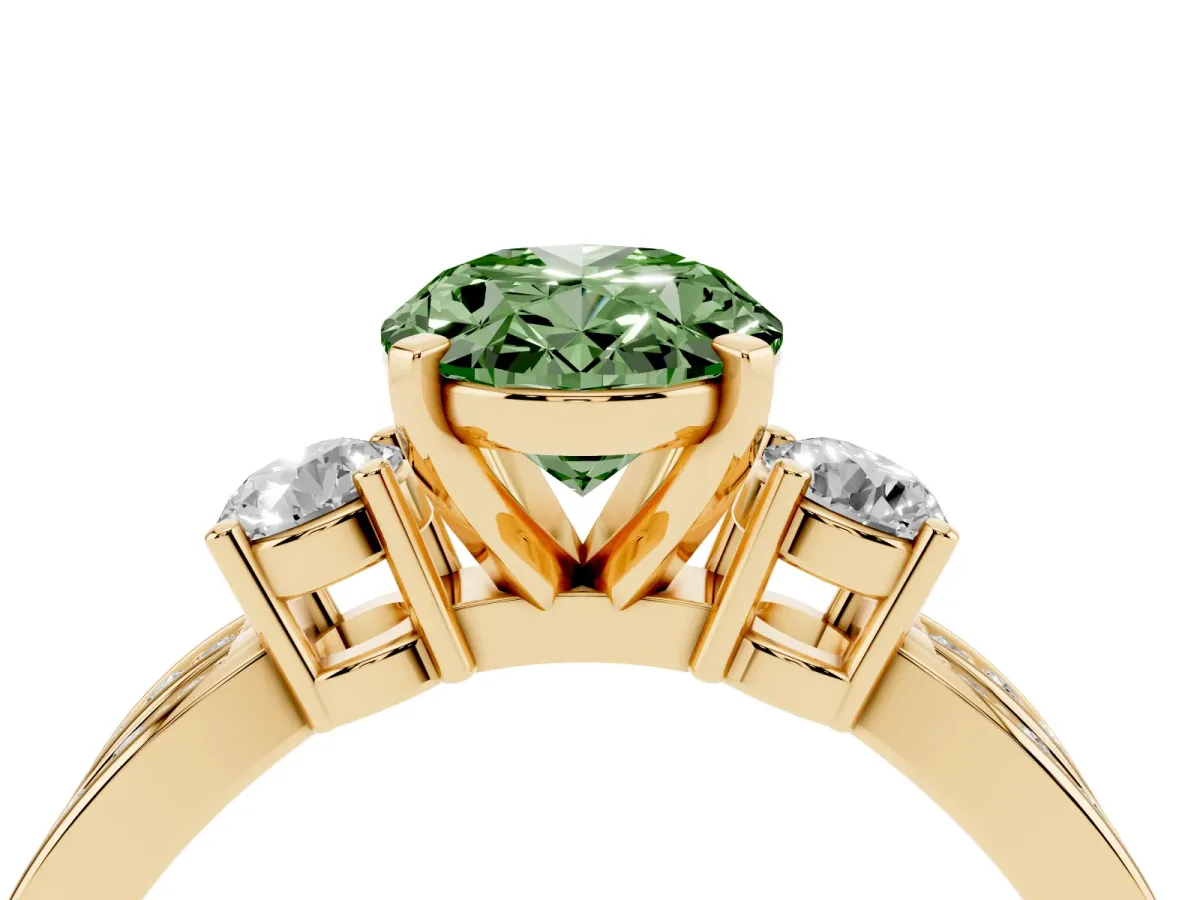 Fancy Green Three-Stone Oval Cut Cut Diamond Twist Band with Prong Setting Yellow gold