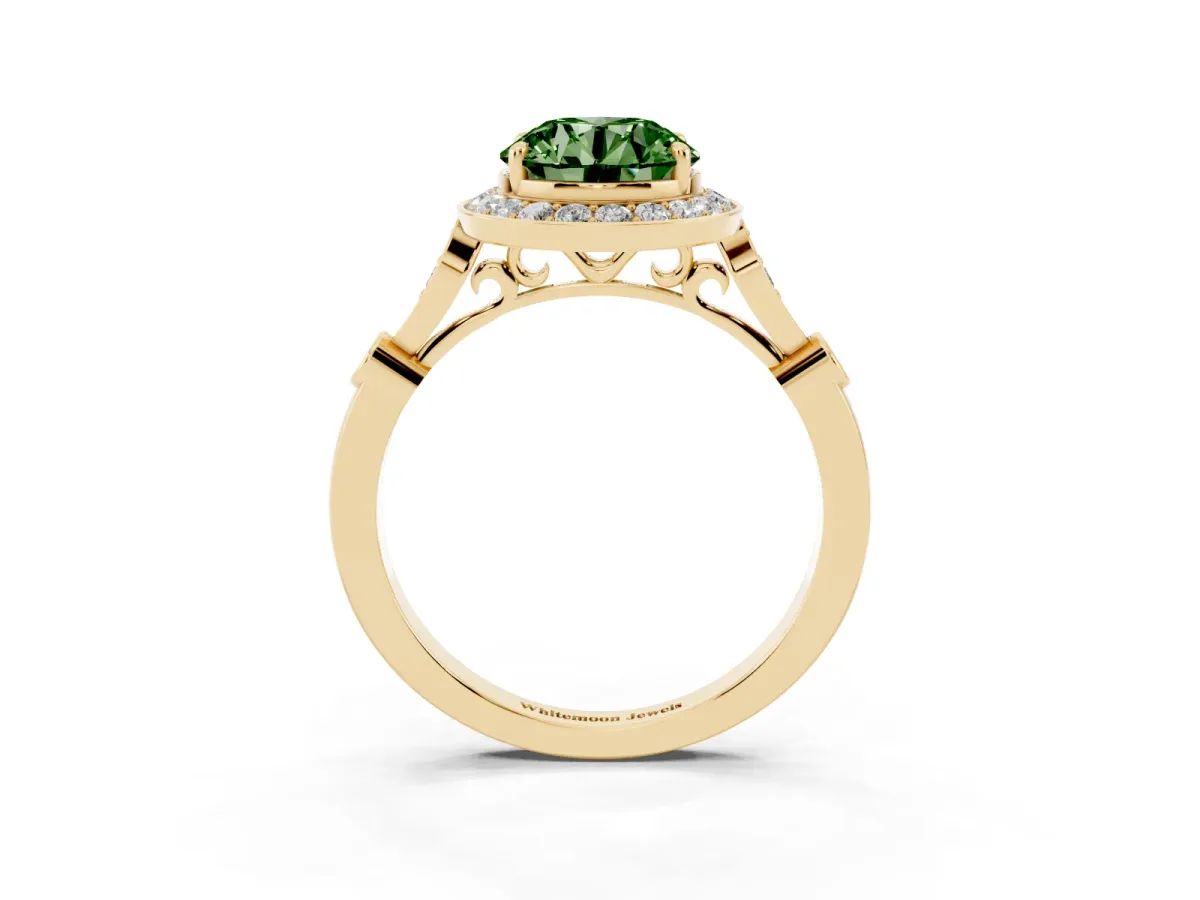 Fancy Green Round Cut Halo Diamond Engagement Ring with Twisted Band and Four-Prong Setting Yellow gold