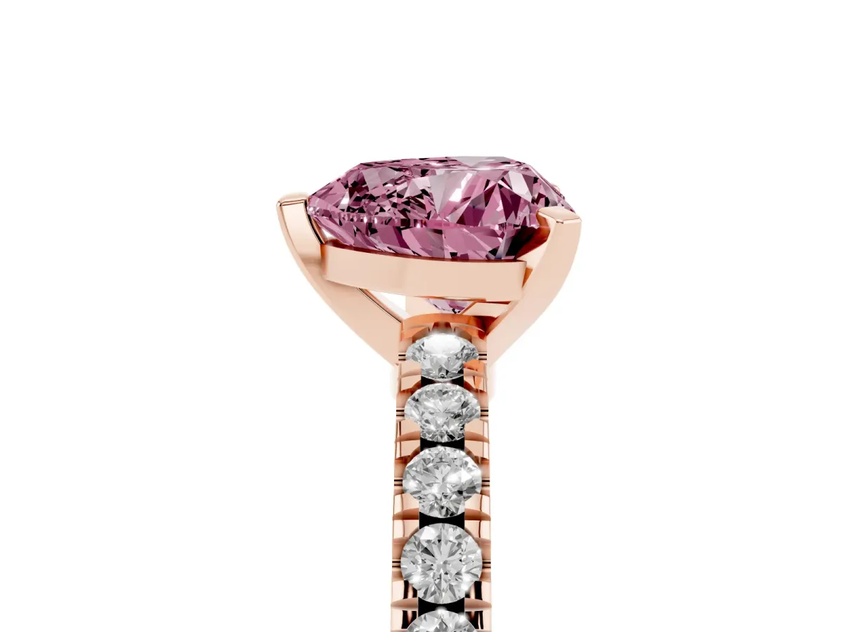 Fancy Pink Heart Cut Solitaire Diamond with Pavé Band and Four-Prong Setting Rose gold