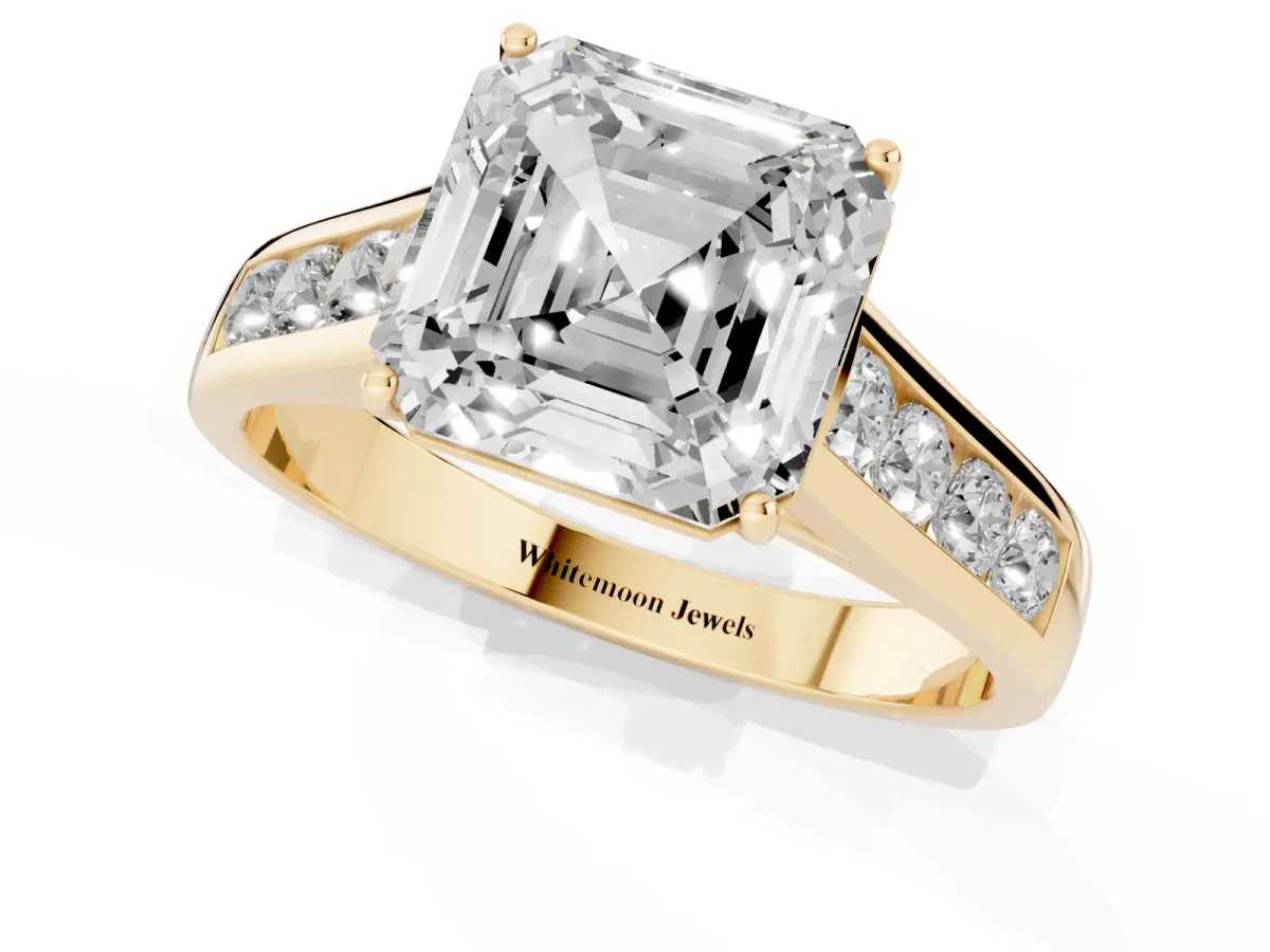 Asscher Cut Solitaire Channel-Set Diamond Engagement Ring with Four-Prong Setting Yellow gold