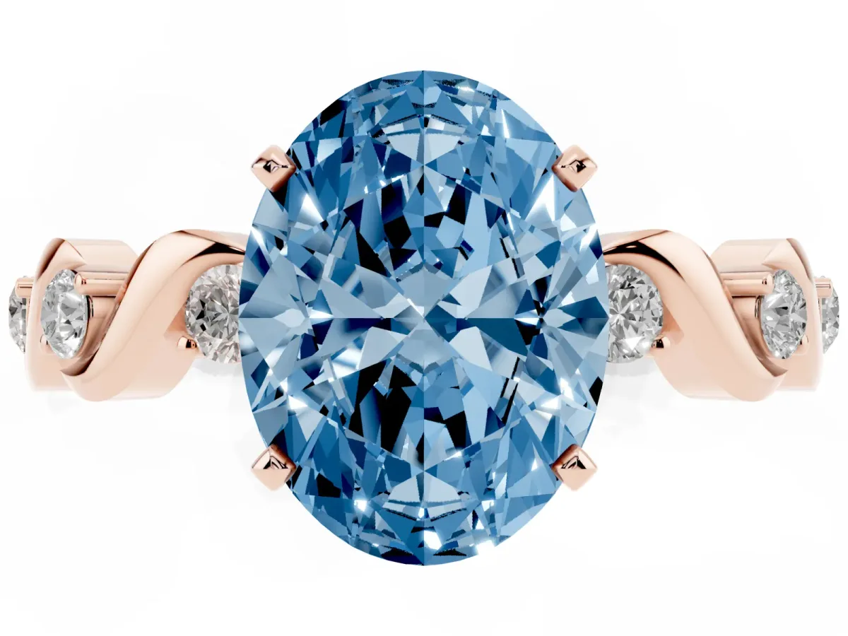 Fancy Blue Oval Cut Diamond Solitaire Twisted Band with Round Accents and Prong Setting Rose gold