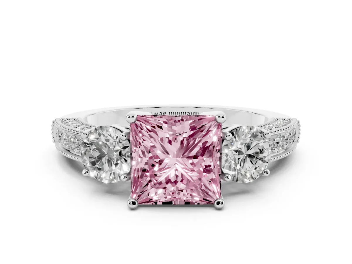 Fancy Pink Princess Cut Three-Stone Diamond Ring with Pavé Band and Four-Prong Setting Silver