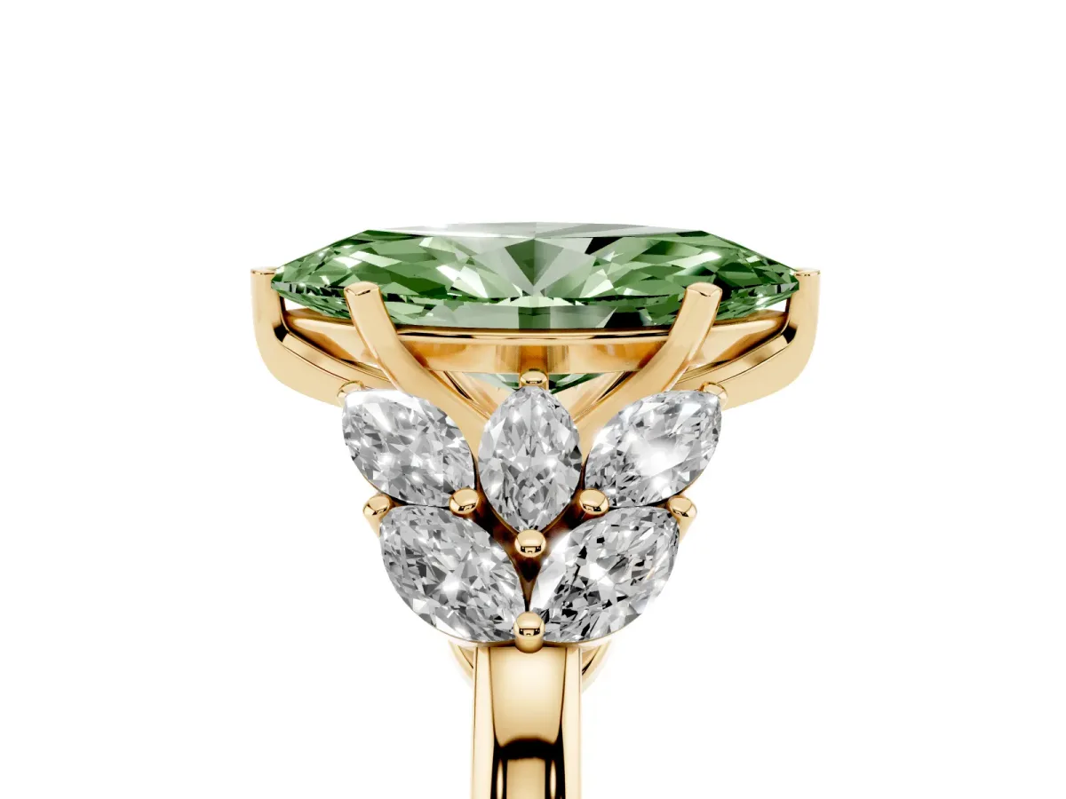 Fancy Green Marquise Cut Diamond Cluster Leaf Design Ring with Prong Setting Yellow gold