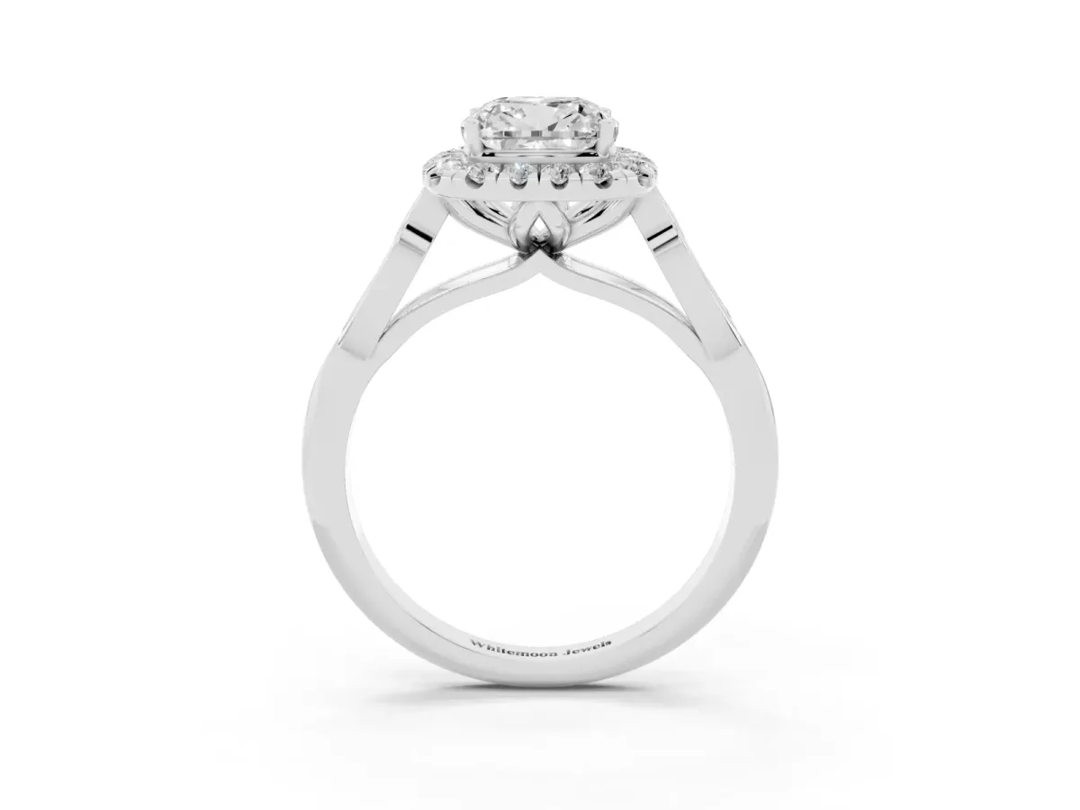 Cushion Cut Halo Diamond Engagement Ring with Filigree Band and Four-Prong Setting White gold