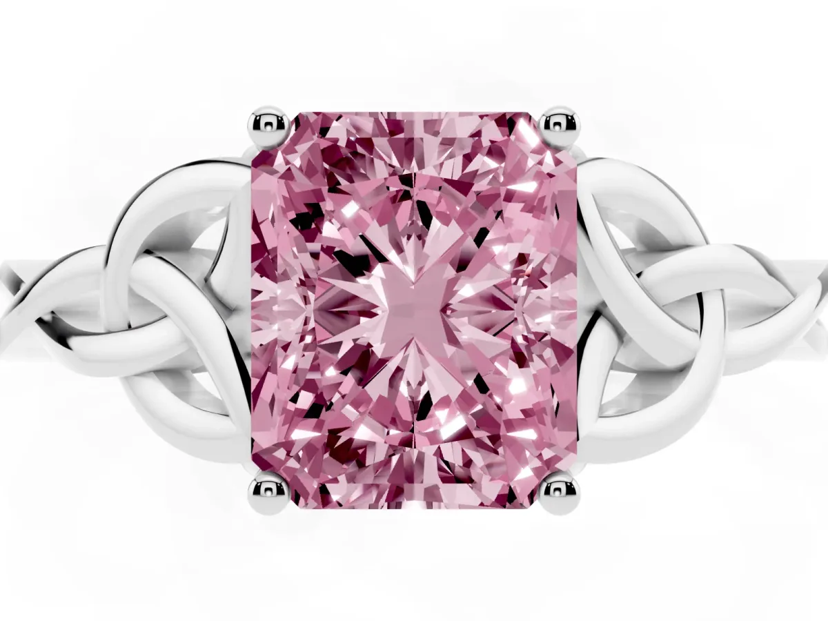 Fancy Pink Radiant Cut Diamond Solitaire Engagement Ring with Celtic Knot Band and Four-Prong Setting Silver