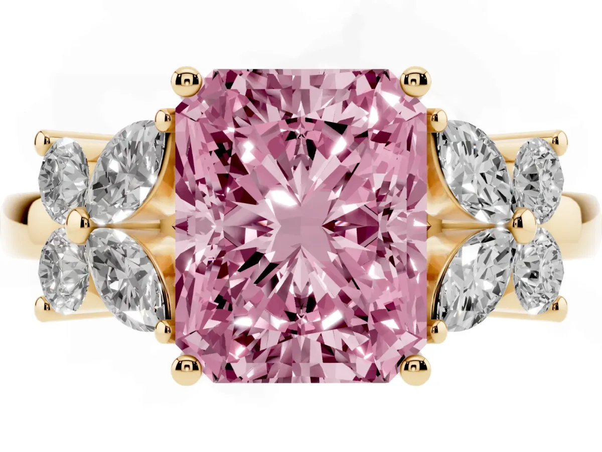 Fancy Pink Radiant Cut Diamond Floral Cluster Ring with Solitaire Band and Prong Setting Yellow gold