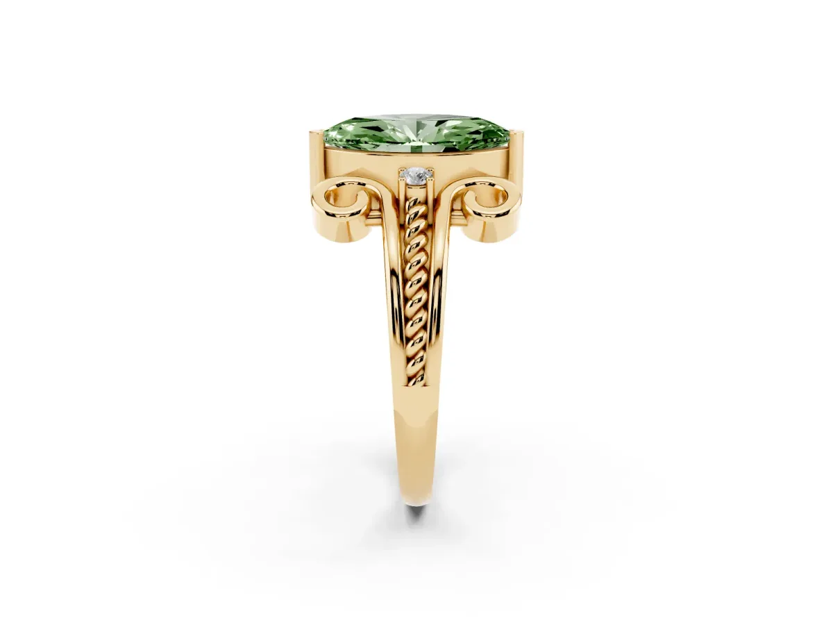 Fancy Green Marquise Cut Solitaire Twisted Band Scroll Prong Ring Yellow gold