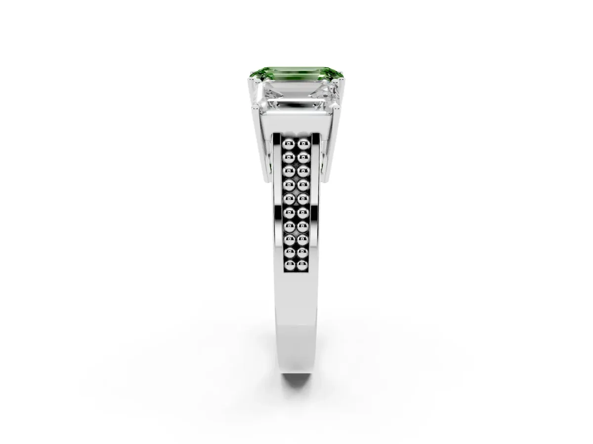 Fancy Green Emerald Cut Diamond Three-Stone Ring with Prong Setting and Textured Band Silver