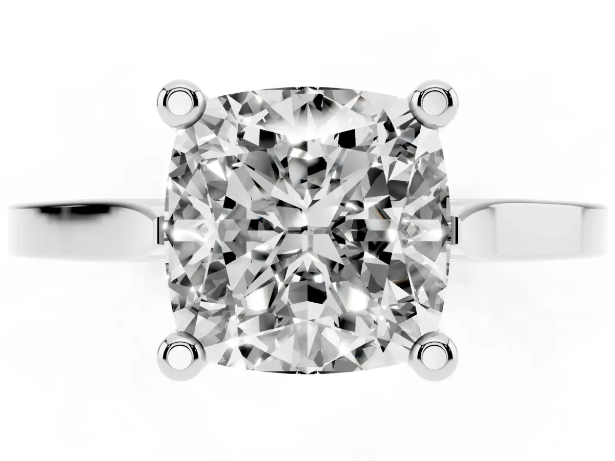 Cushion Cut Solitaire Diamond Ring with Four-Prong Setting and Tapered Band Silver