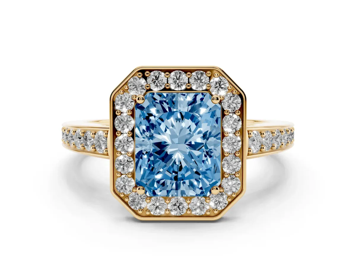 Fancy Blue Radiant Cut Halo Pavé Diamond Engagement Ring with Bezel Setting Yellow gold