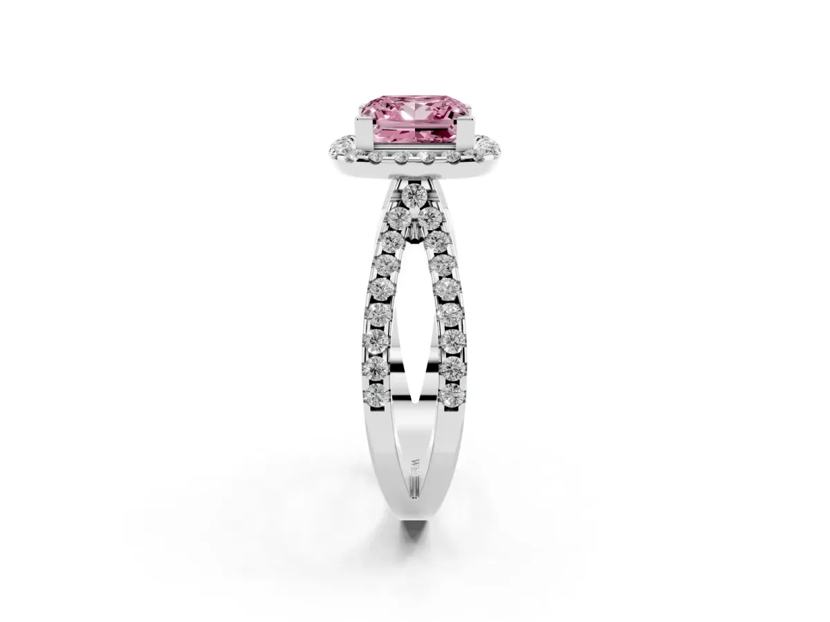 Fancy Pink Princess Cut Diamond Halo Ring with Split Shank Pavé Band and Prong Setting Silver