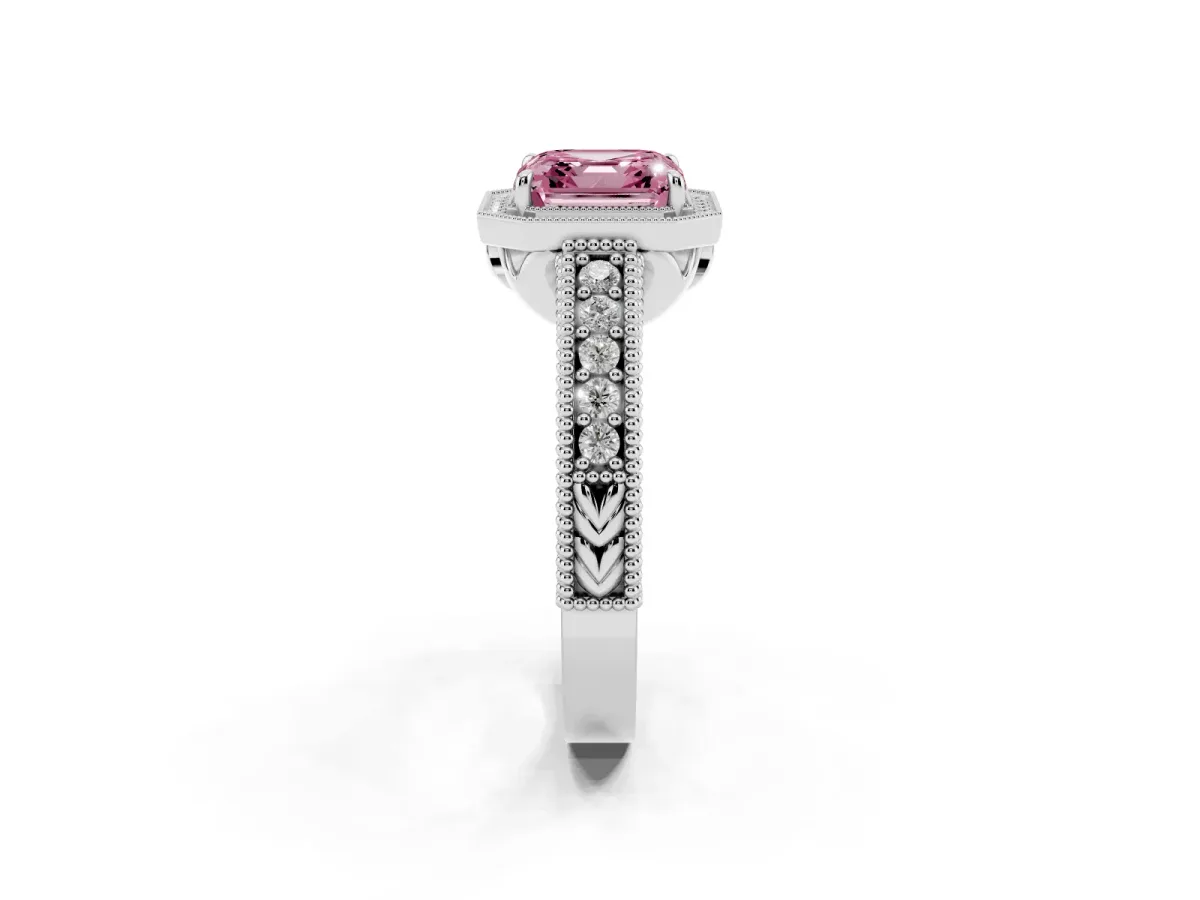 Fancy Pink Asscher Cut Cut Halo Diamond Ring with Pavé Band and Four-Prong Setting White gold
