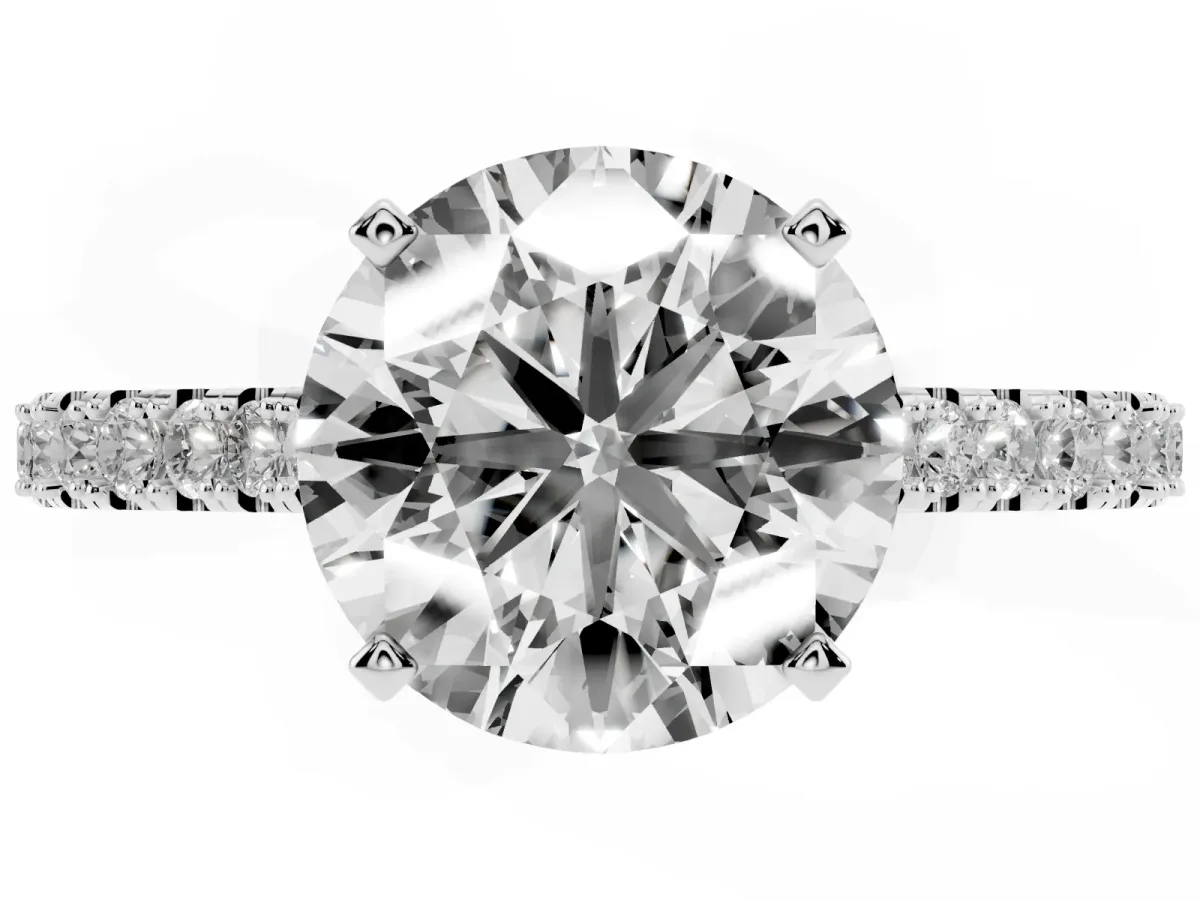 Round Cut Cut Solitaire Diamond Engagement Ring with Pave Band and Four-Prong Setting White gold
