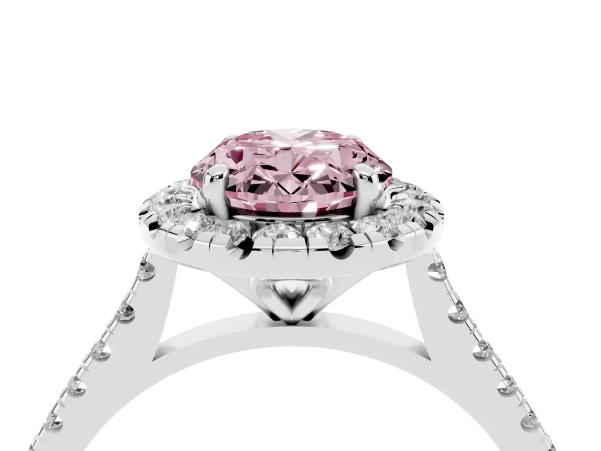 Fancy Pink Oval Cut Diamond Cushion Halo Ring with Pavé Band Platinum