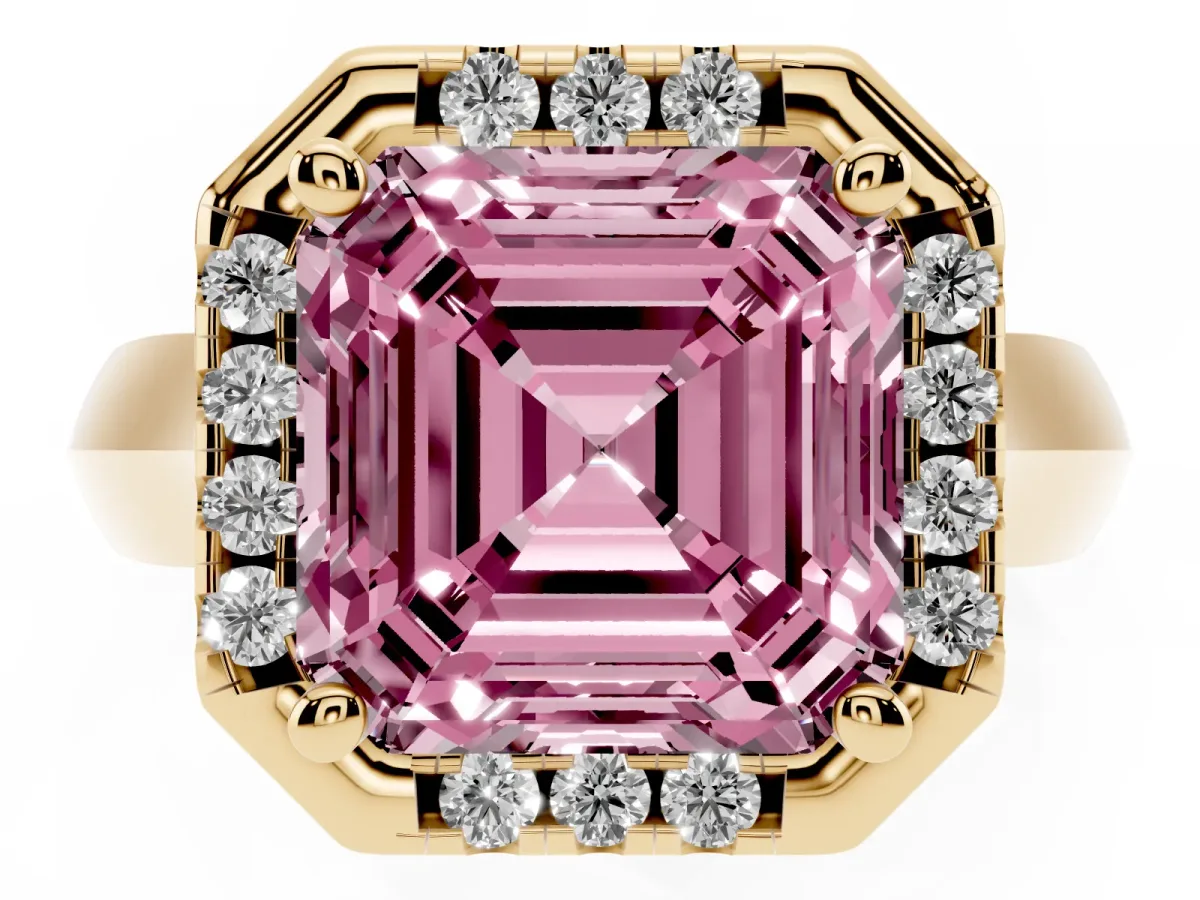 Fancy Pink Asscher Cut Cut Halo Solitaire Engagement Ring with Square Band and Four-Prong Setting Yellow gold