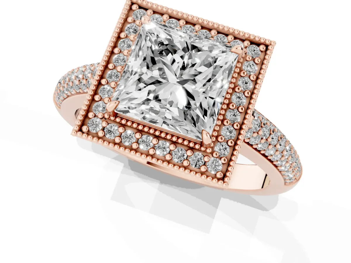 Princess Cut Cut Halo Diamond Pave Band with Four-Prong Setting Rose gold