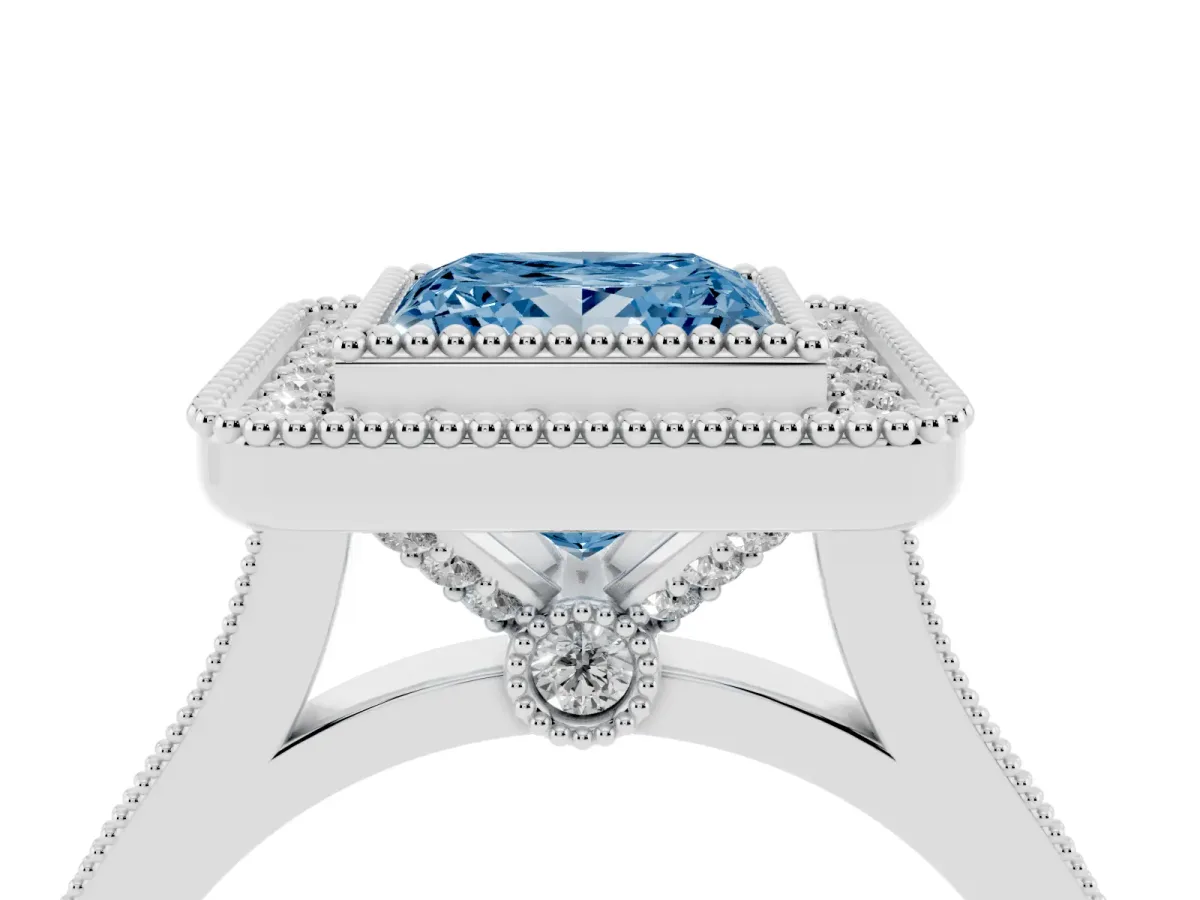 Fancy Blue Princess Cut Diamond Halo Ring with Milgrain Frame and Pavé Band Platinum