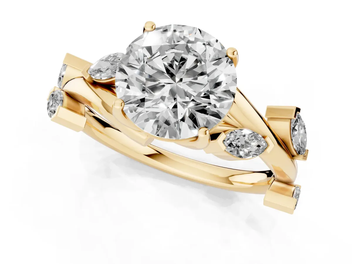 Round Cut Solitaire Twisted Band Marquise Accent Prong Setting Ring Yellow gold