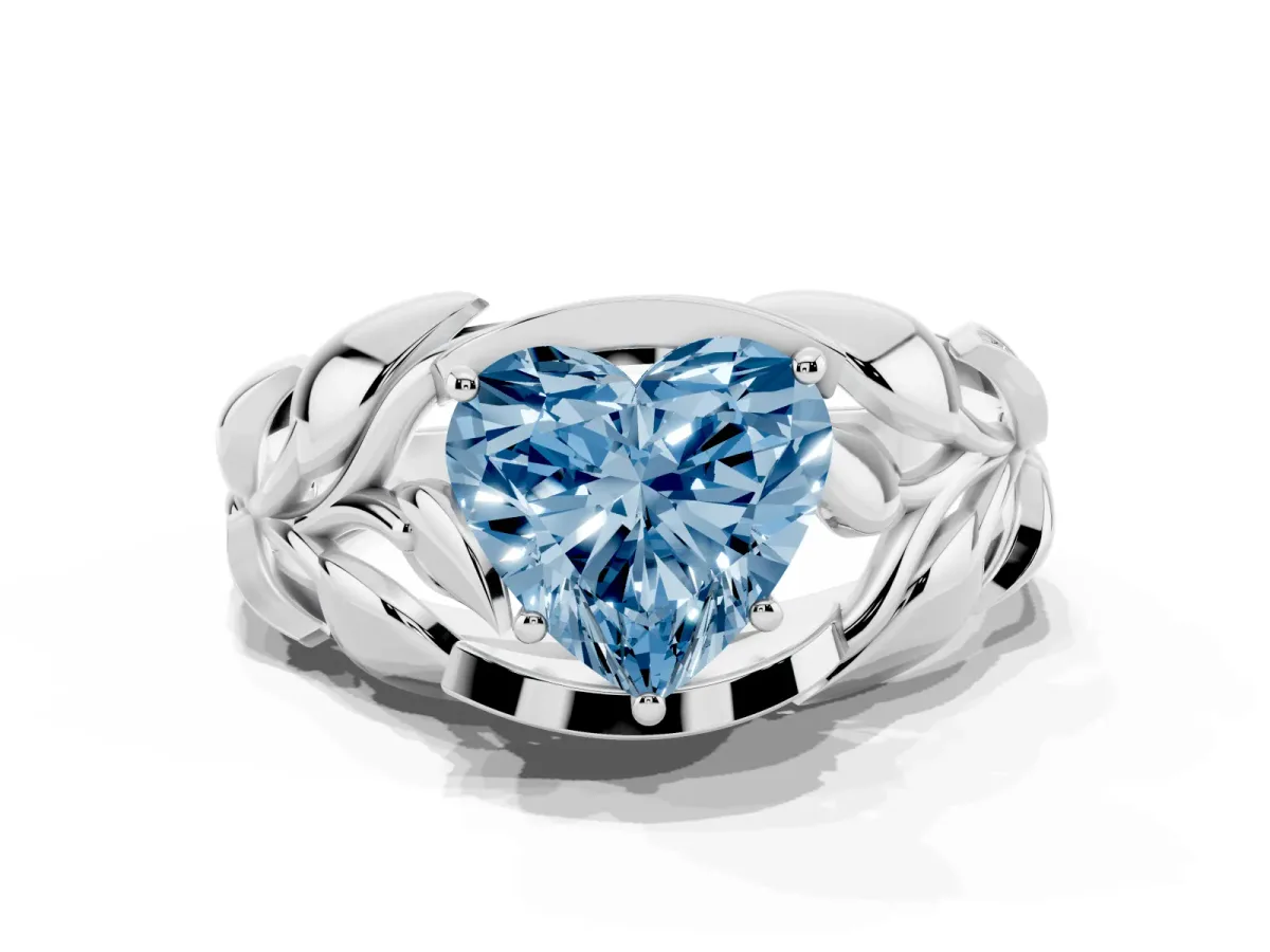 Fancy Blue Heart Cut Diamond Leaf-Inspired Engagement Ring with Round Accents and Prong Setting White gold