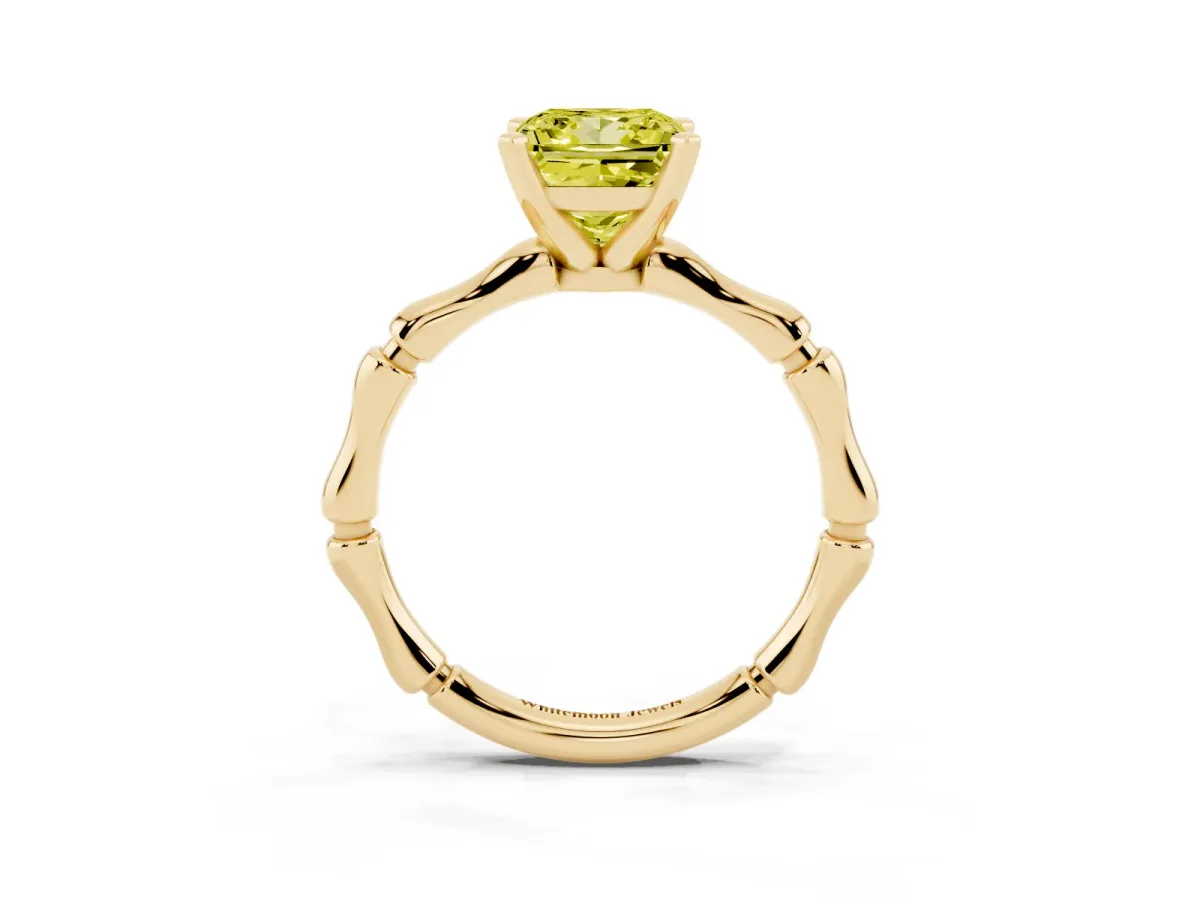Fancy Yellow Princess Cut Solitaire Diamond Ring with Bamboo Band and Four-Prong Setting Yellow gold
