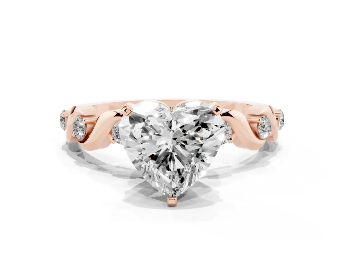 Heart Cut Diamond Solitaire Twisted Band with Round Accents and Prong Setting Rose gold