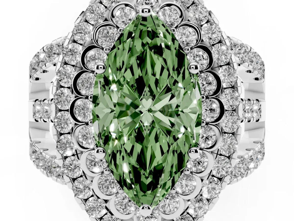Fancy Green Marquise Cut Diamond Double Halo Ring with Round Pavé Split Shank and Prong Setting White gold