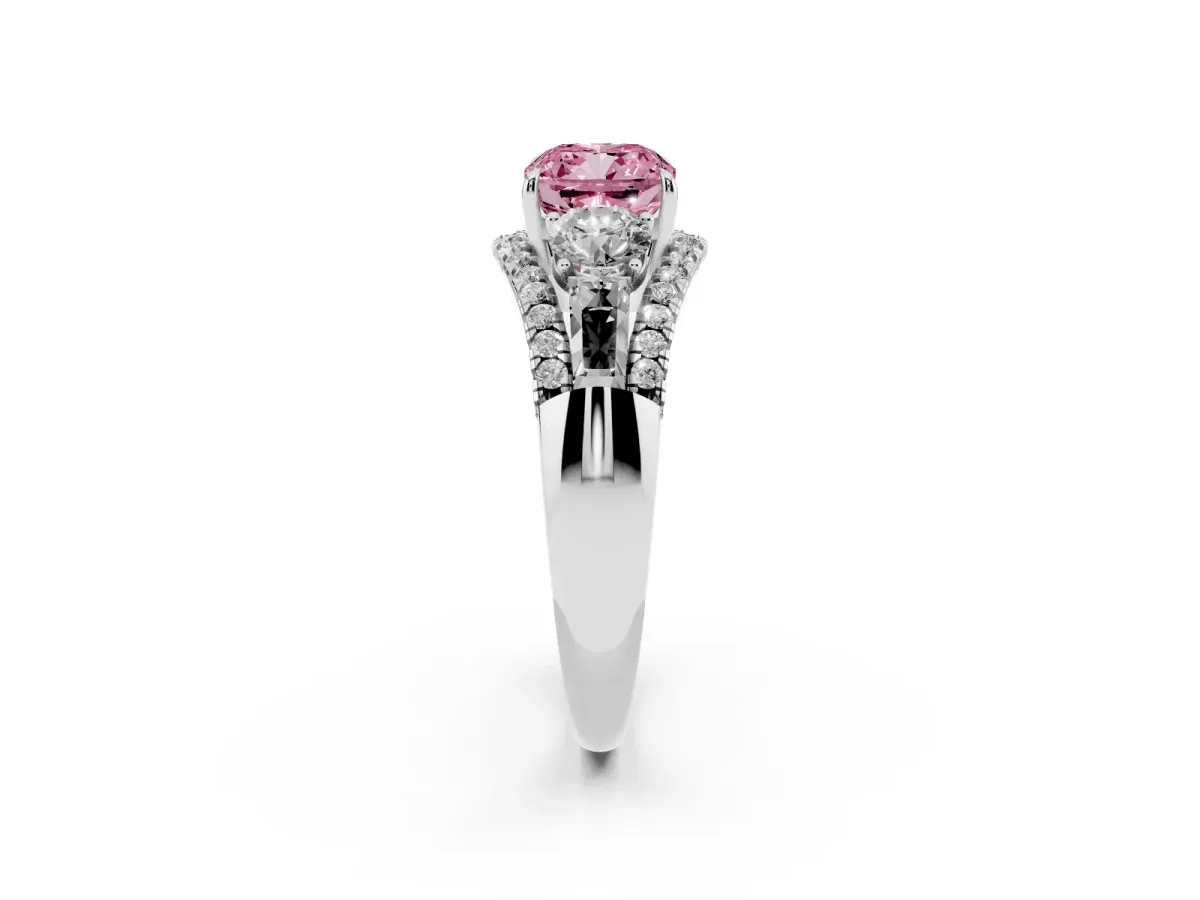 Fancy Pink Three-Stone Cushion Cut Diamond Engagement Ring with Pave Band and Prong Setting Silver