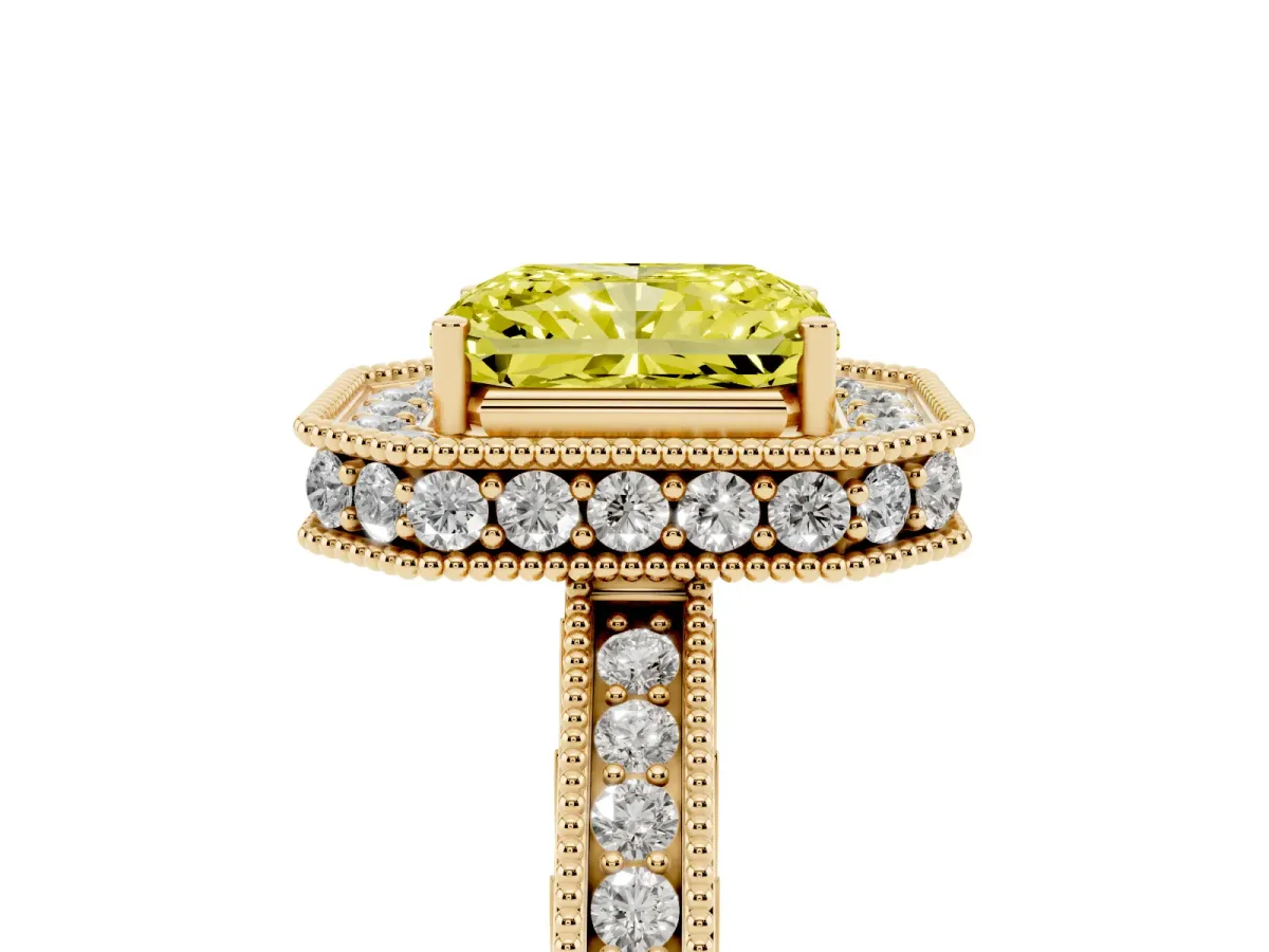 Fancy Yellow Radiant Cut Diamond Milgrain Halo Engagement Ring with Round Pavé Band and Prong Setting Yellow gold