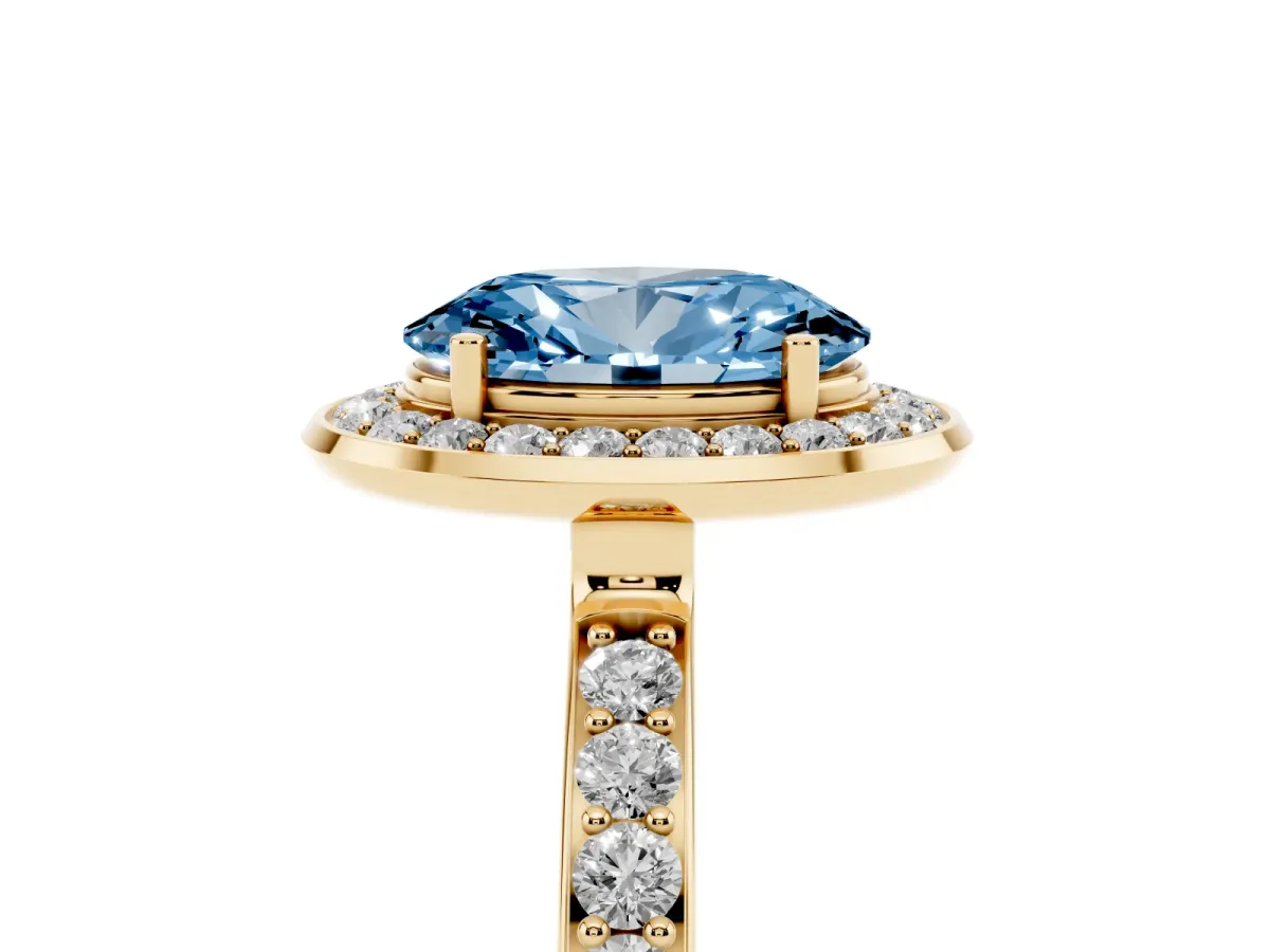 Fancy Blue Oval Cut Diamond Halo Ring with Bezel Frame and Pavé Band Yellow gold
