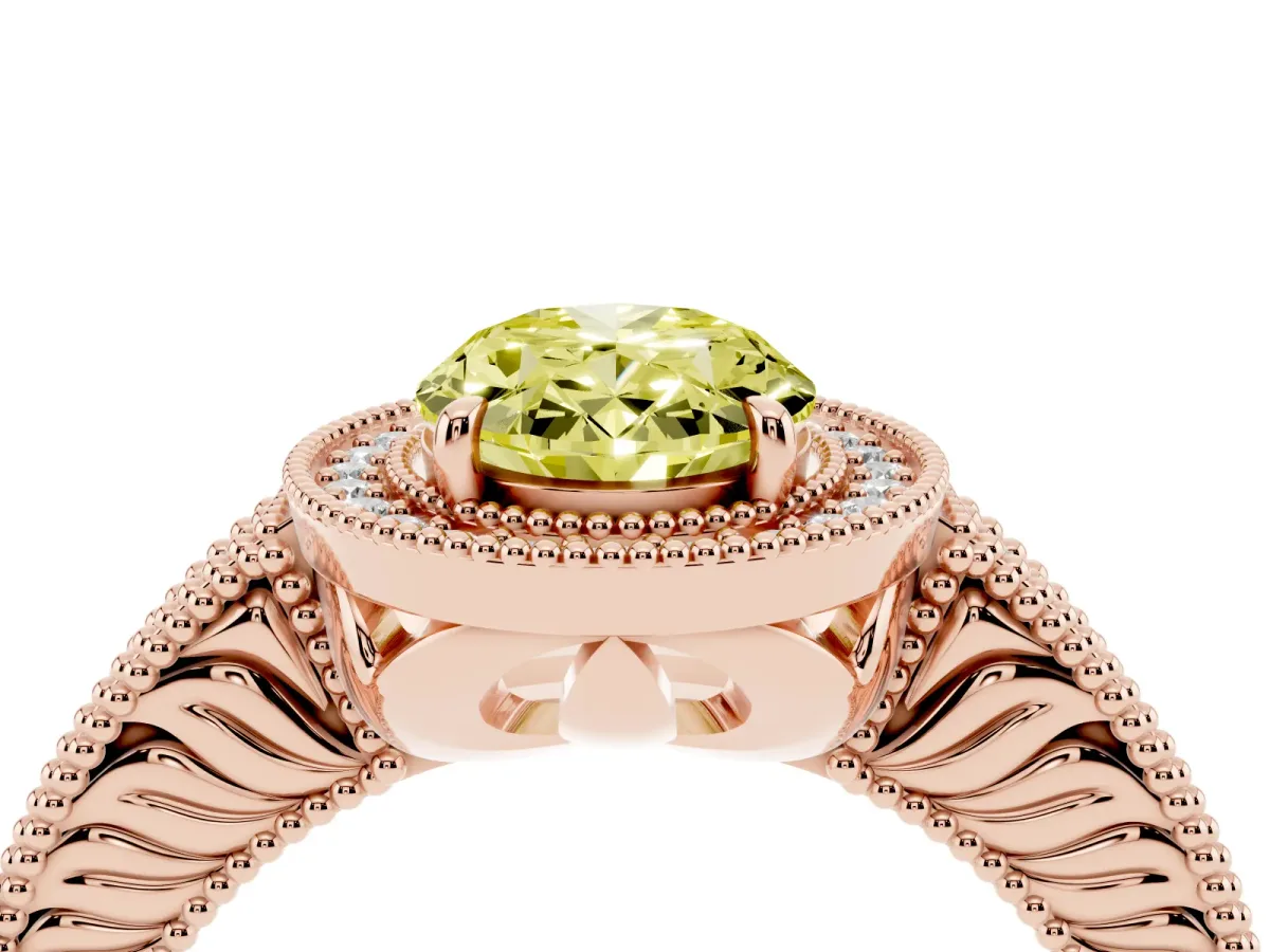 Fancy Yellow Oval Cut Cut Halo Diamond Ring with Pavé Band and Four-Prong Setting Rose gold