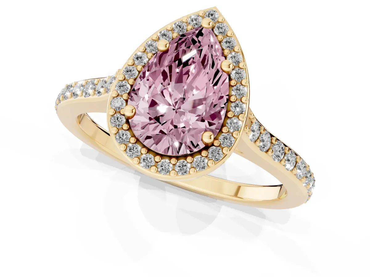 Fancy Pink Pear Cut Diamond Halo Engagement Ring with Round Pavé Shoulders and Prong Setting Yellow gold