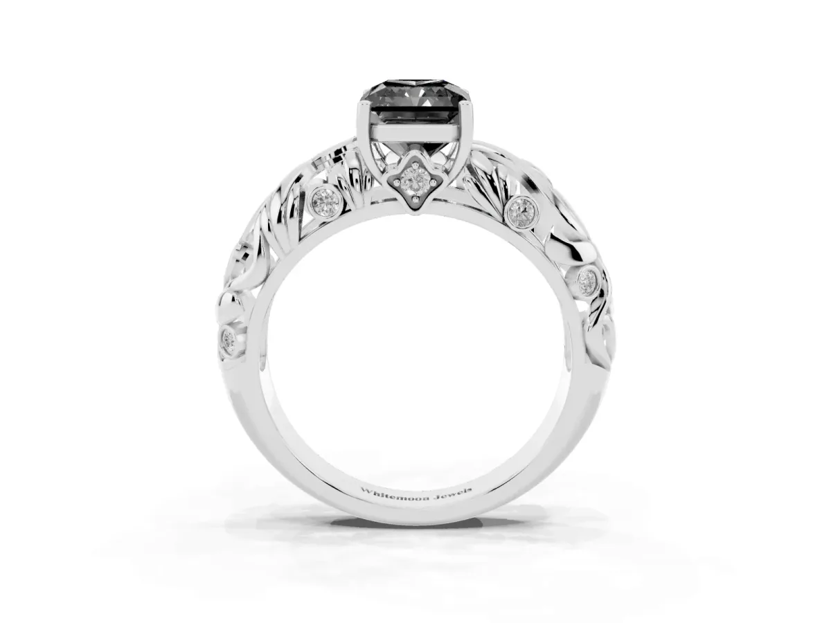 Fancy Black Radiant Cut Solitaire Diamond Leaf-Inspired Vine Band Ring with Prong Setting Platinum