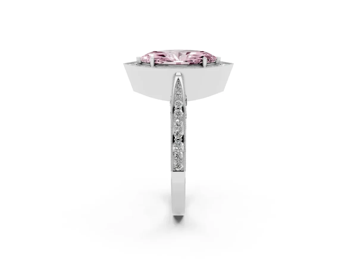 Fancy Pink Marquise Cut Halo Diamond Engagement Ring with Split Shank Band and Four-Prong Setting Silver