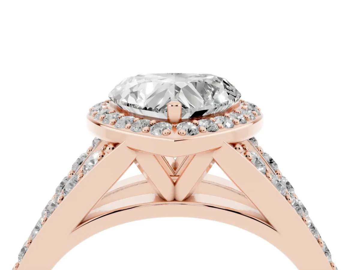 Heart Cut Diamond Split Shank Halo Ring with Four-Prong Setting Rose gold