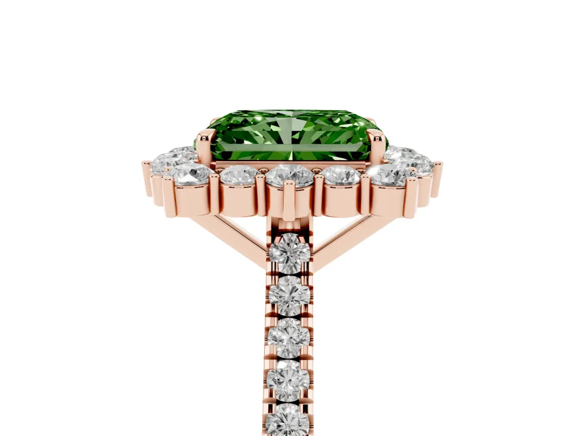 Fancy Green Radiant Cut Halo Diamond Ring with Pavé Band and Prong Setting Rose gold