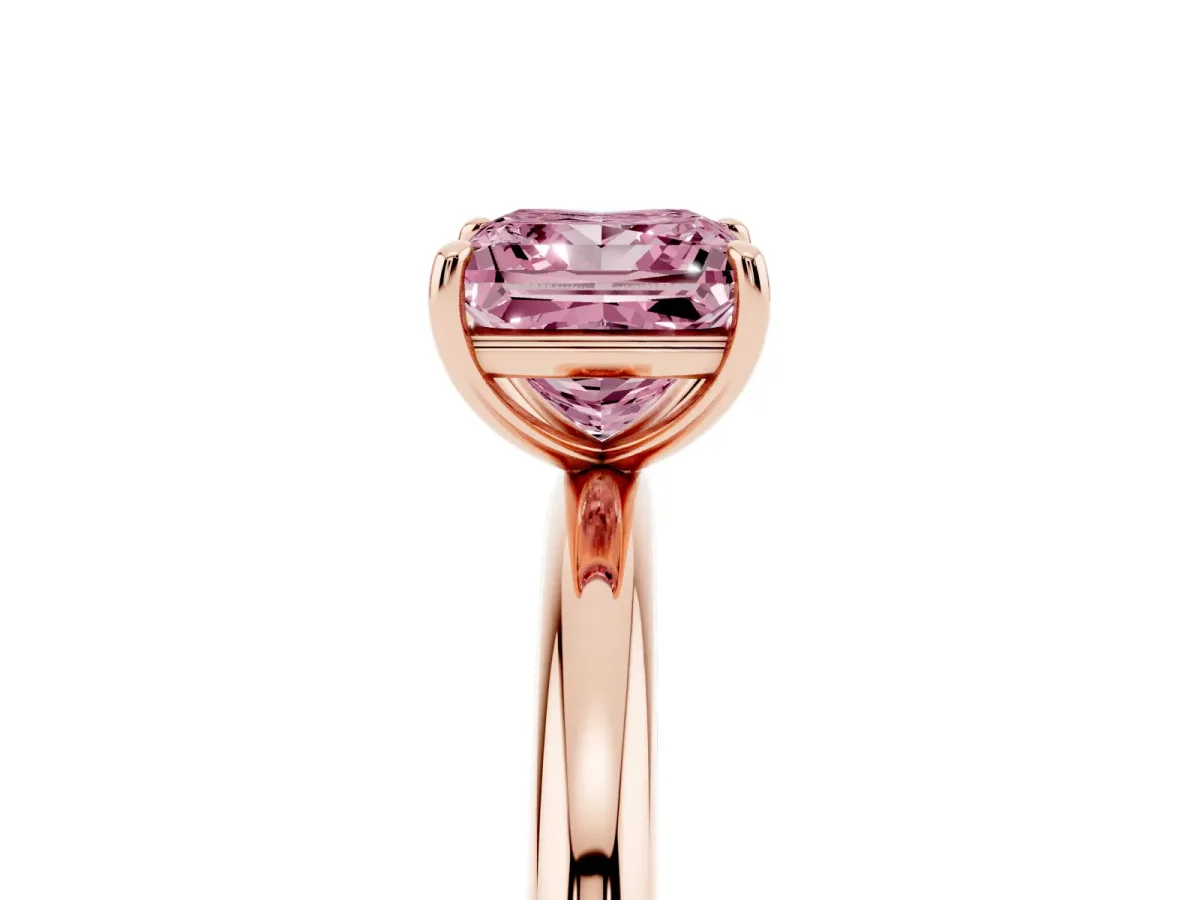 Fancy Pink Princess Cut Solitaire Diamond Ring with Four-Prong Setting on a Plain Band Rose gold