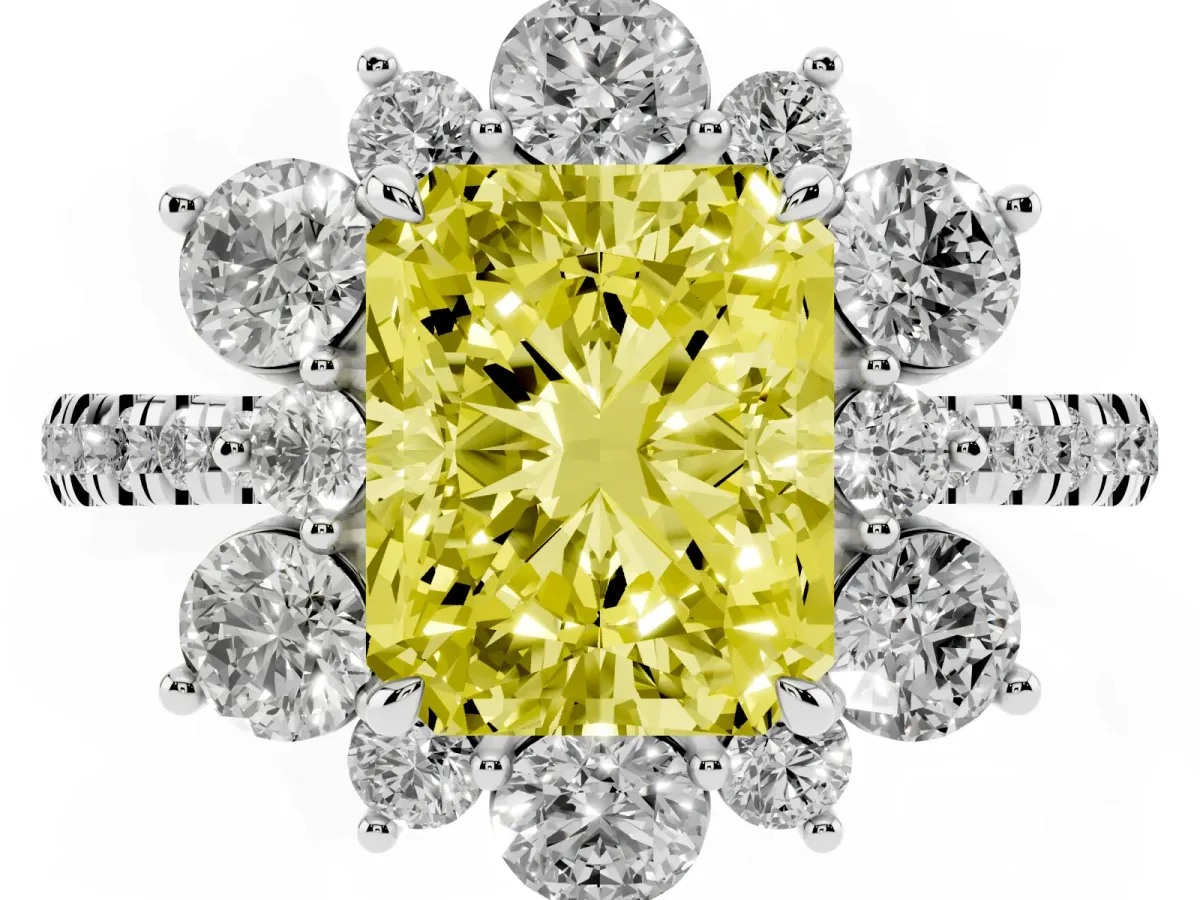 Fancy Yellow Radiant Cut Diamond Floral Halo Ring with Round Pavé Band and Prong Setting Platinum