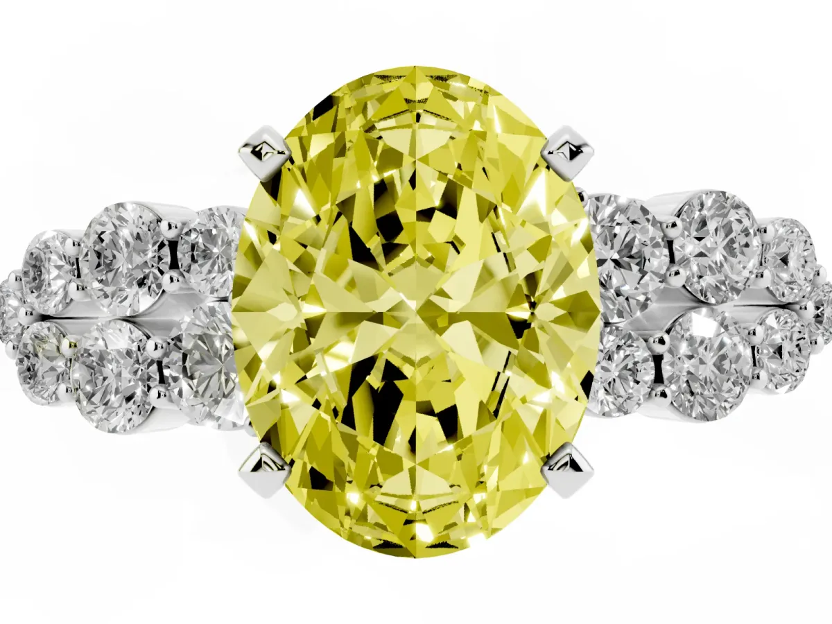 Fancy Yellow Oval Cut Cluster Diamond Engagement Ring with Pavé Band and Four-Prong Setting Platinum