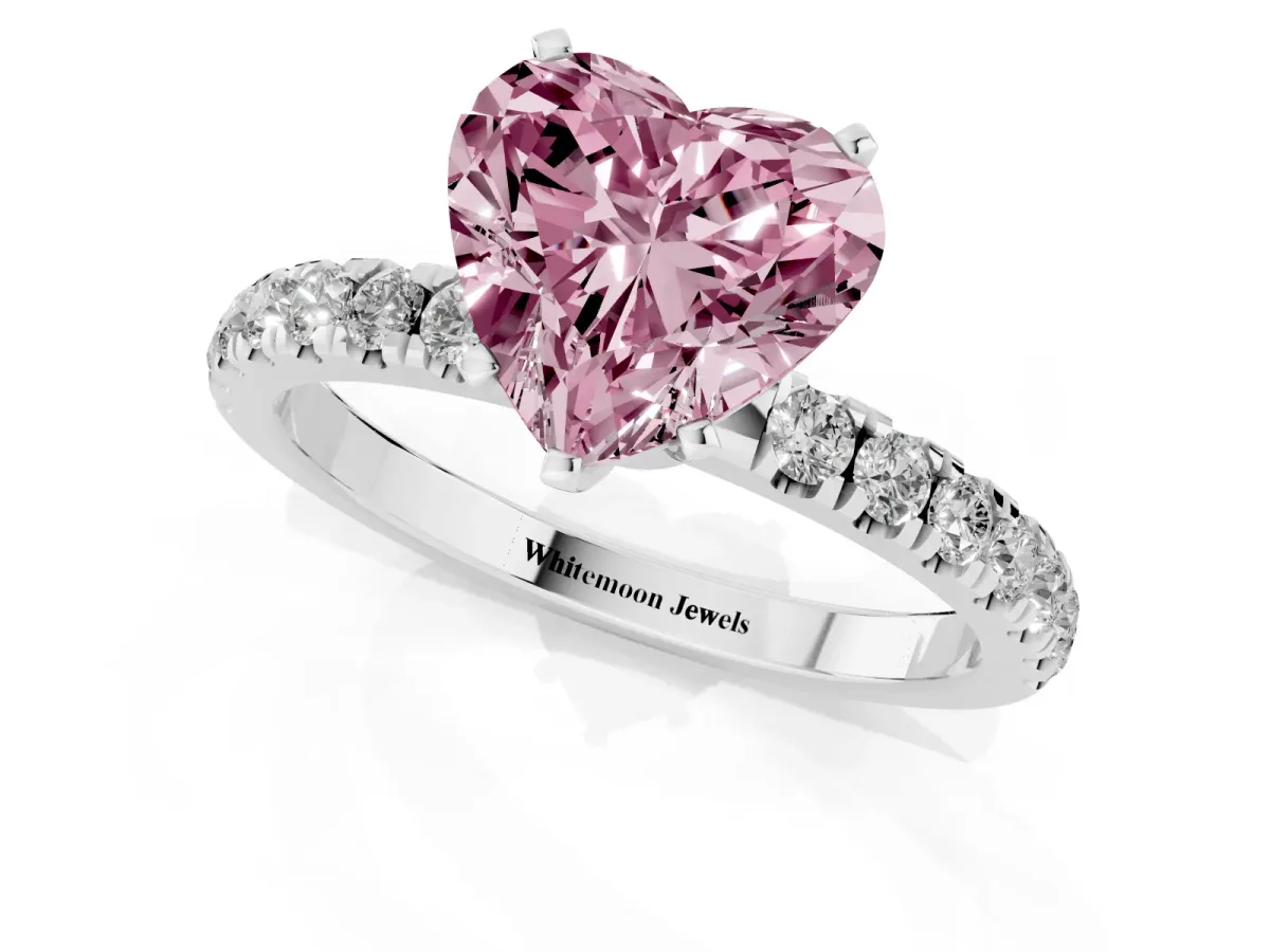Fancy Pink Heart Cut Diamond Solitaire Ring with Pavé Accents and Four-Prong Setting Platinum