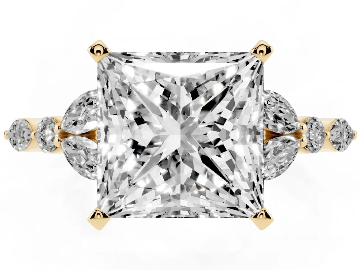 Princess Cut Diamond Solitaire Ring with Side Stones and Four-Prong Setting Yellow gold