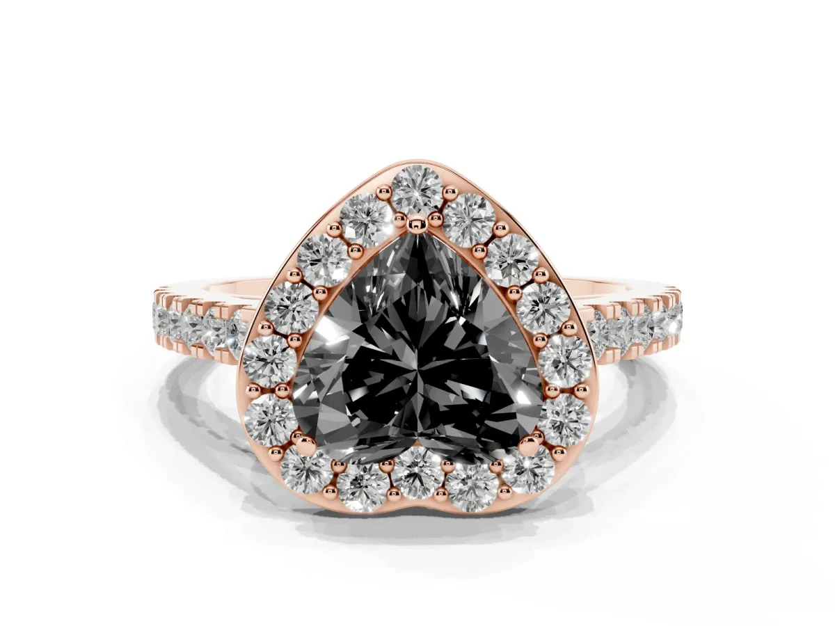 Fancy Black Heart Cut Diamond Halo Ring with Round Pavé Split Shank and Prong Setting Rose gold