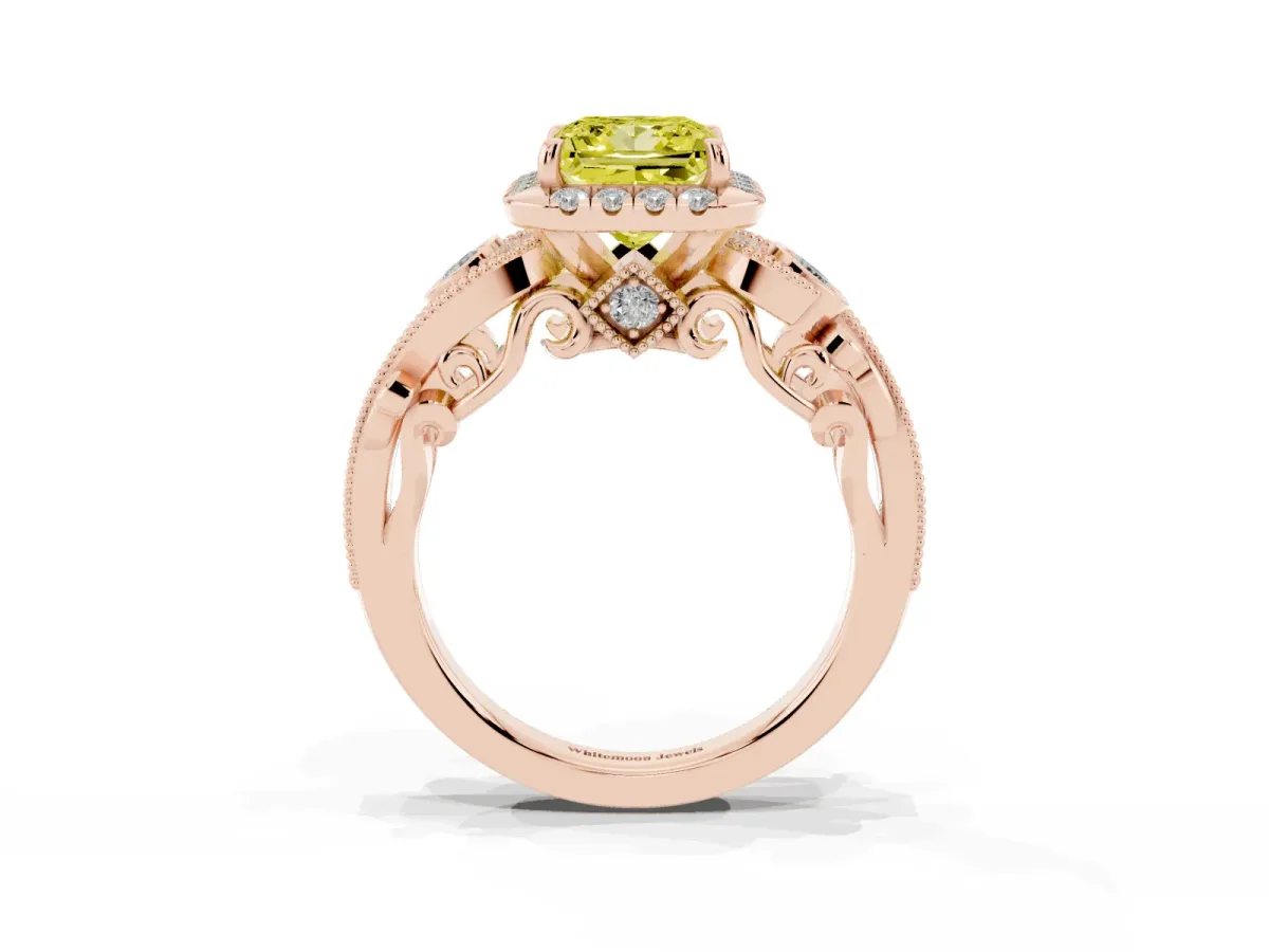 Fancy Yellow Princess Cut Diamond Halo Ring with Milgrain Pavé Band and Four-Prong Setting Rose gold