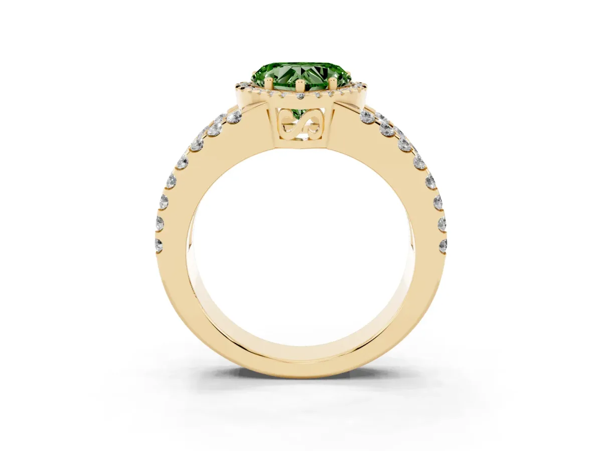 Fancy Green Heart Cut Cut Halo Split Shank Diamond Ring with Four-Prong Setting Yellow gold