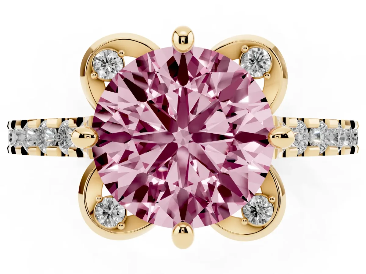 Fancy Pink Round Cut Diamond Ring with Pavé Band and Floral Prong Setting Yellow gold