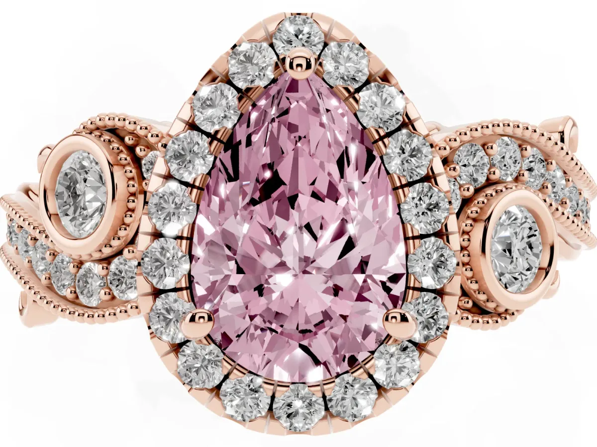 Fancy Pink Pear Cut Halo Diamond Ring with Milgrain and Bezel Accents on a Split Shank Band Rose gold