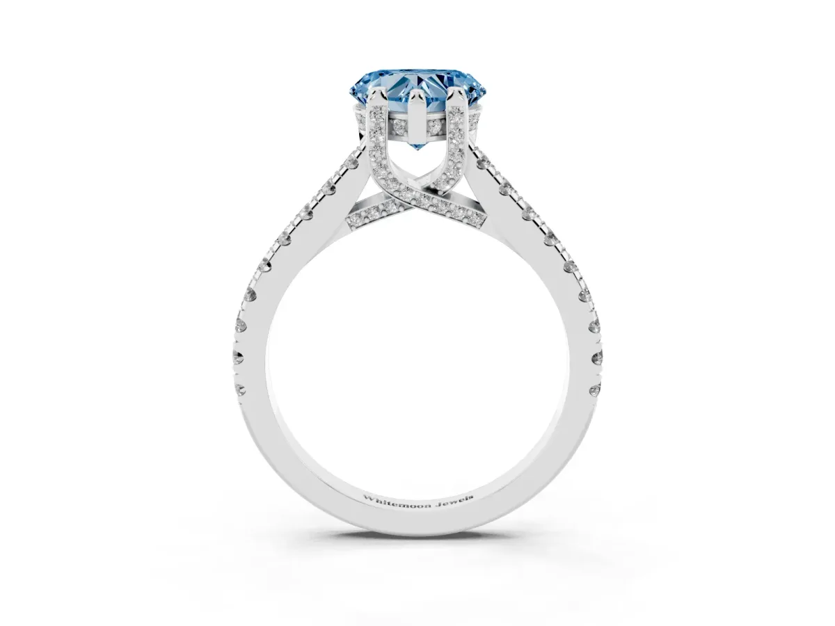 Fancy Blue Heart Cut Brilliant Diamond Solitaire with Pavé Band and Four-Prong Setting Silver