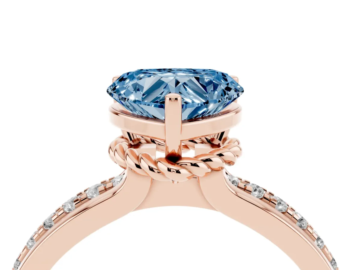 Fancy Blue Heart Cut Solitaire Diamond Ring with Channel Set Band and Six-Prong Setting Rose gold