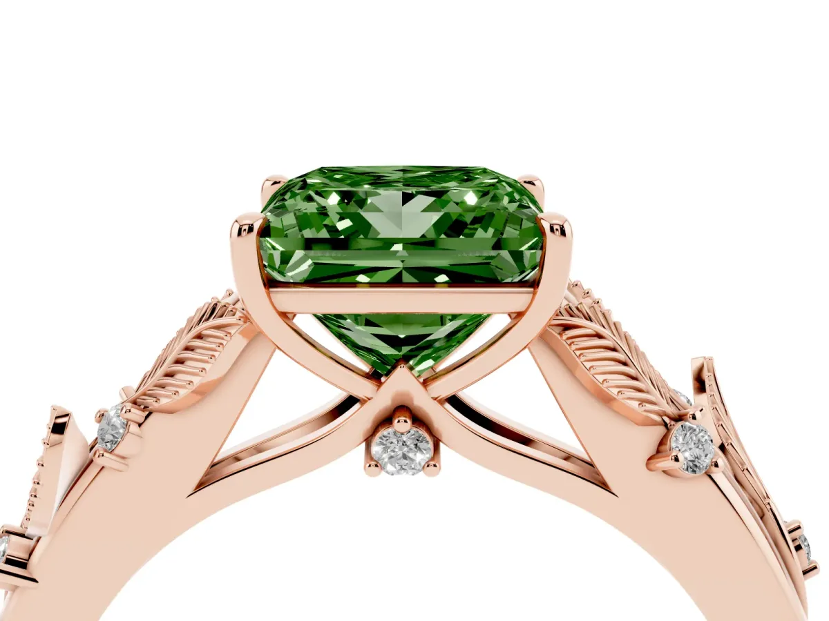 Fancy Green Princess Cut Diamond Solitaire Ring with Leaf Motif Band and Four-Prong Setting Rose gold