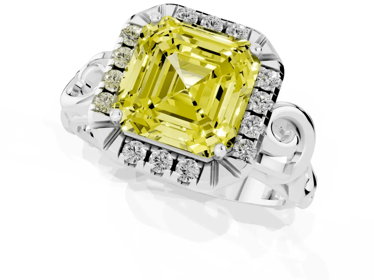 Fancy Yellow Asscher Cut Cut Halo Diamond Ring with Scrollwork Band and Four-Prong Setting Silver