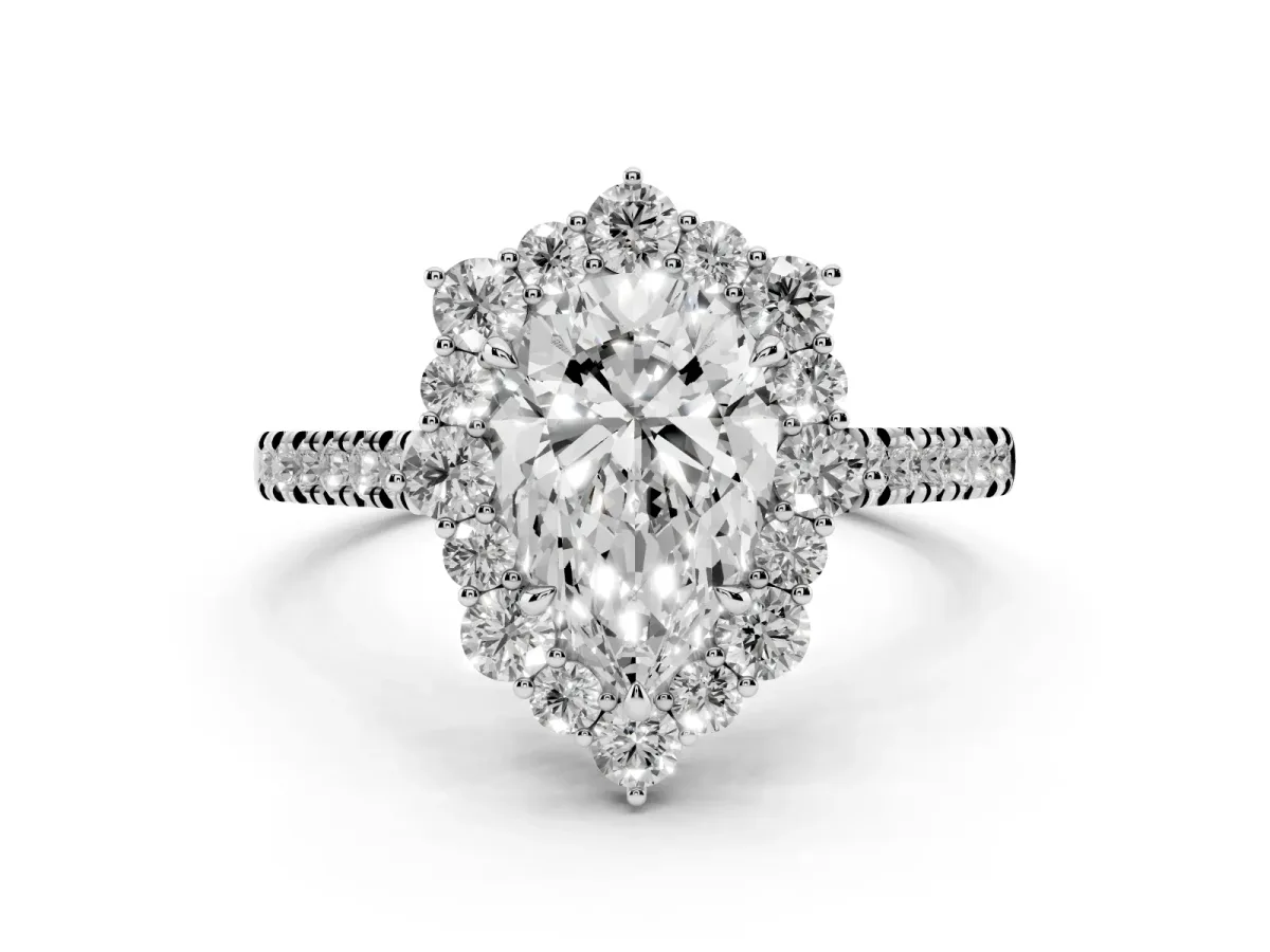 Pear Cut Halo Diamond Ring with Pavé Band and Prong Setting Silver